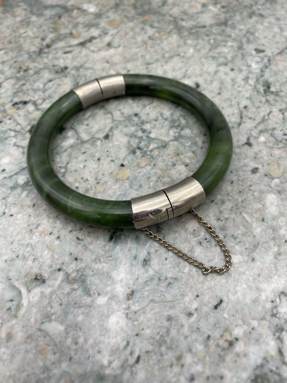 Vintage Genuine Nephrite Green Jade Stone Bangle w Safety + Silver Accents 3