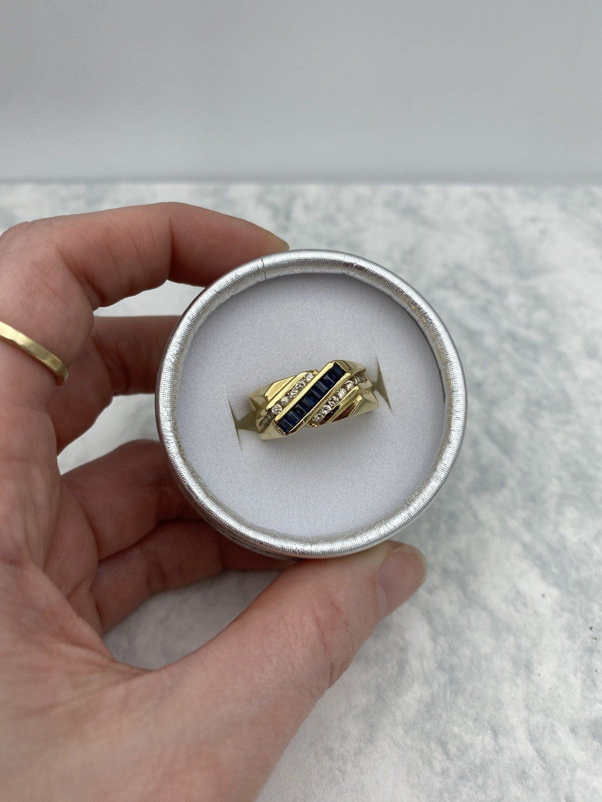 Mod Vintage 14k Gold Cubic Channel Set Baguette Sapphire + Diamond Ring 5