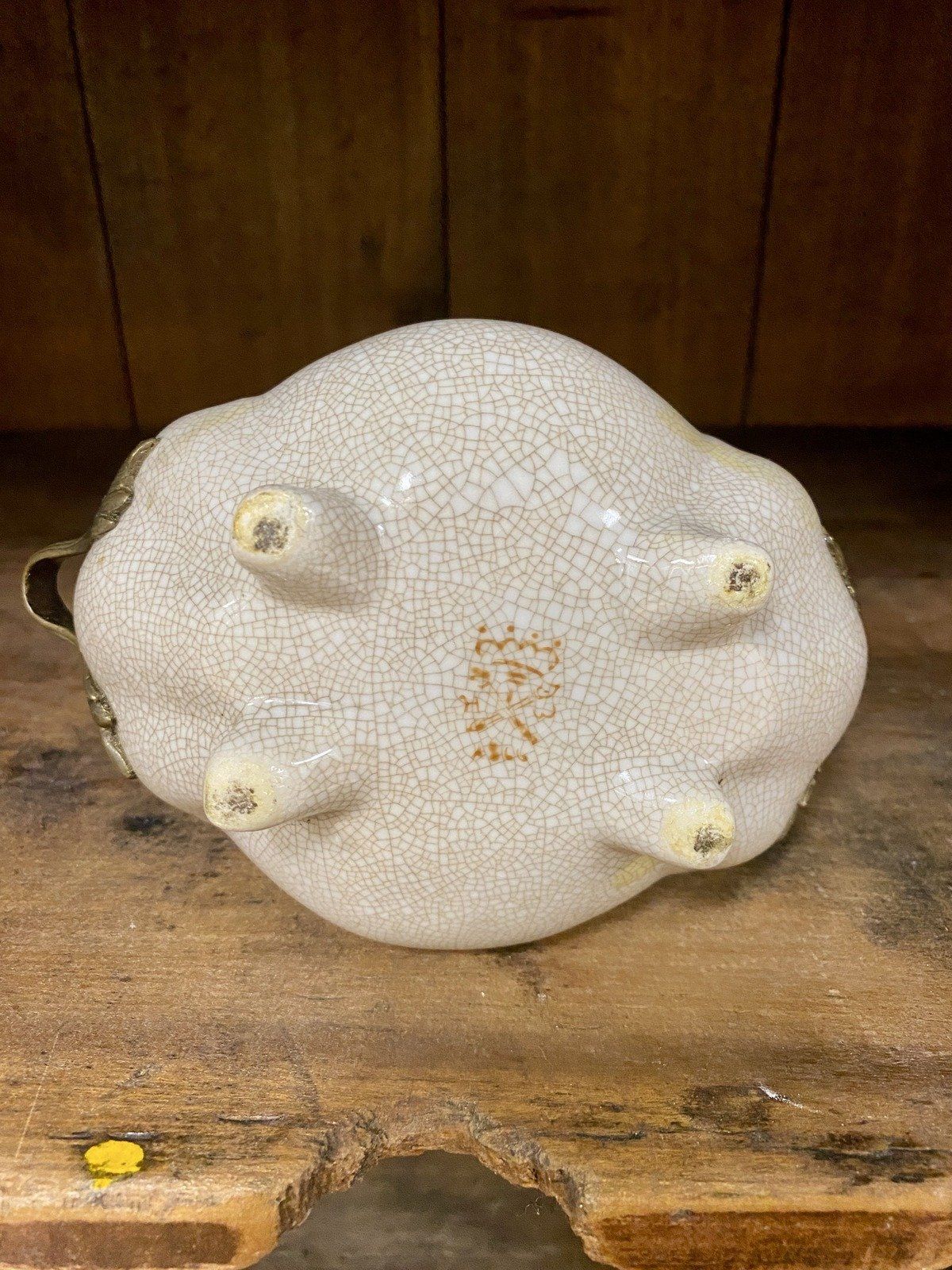 Taupe Crazed Ceramic + Bronze Pomegranate Lidded Storage Box w Handles 12
