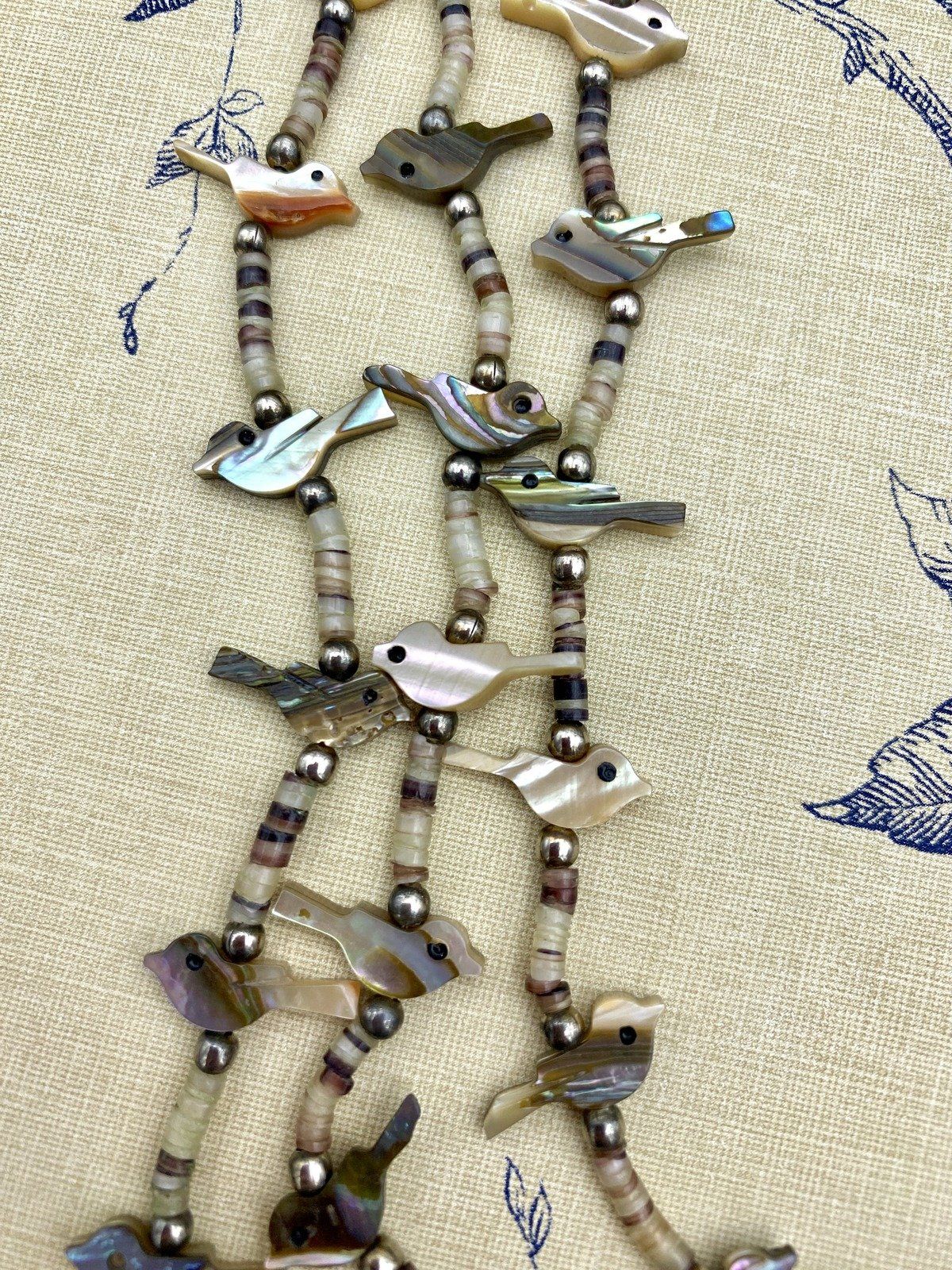 Old Sterling Silver Native American Abalone + Mother of Pearl Bird Fetish Carving Multi Strand Necklace w Horn Accents 6