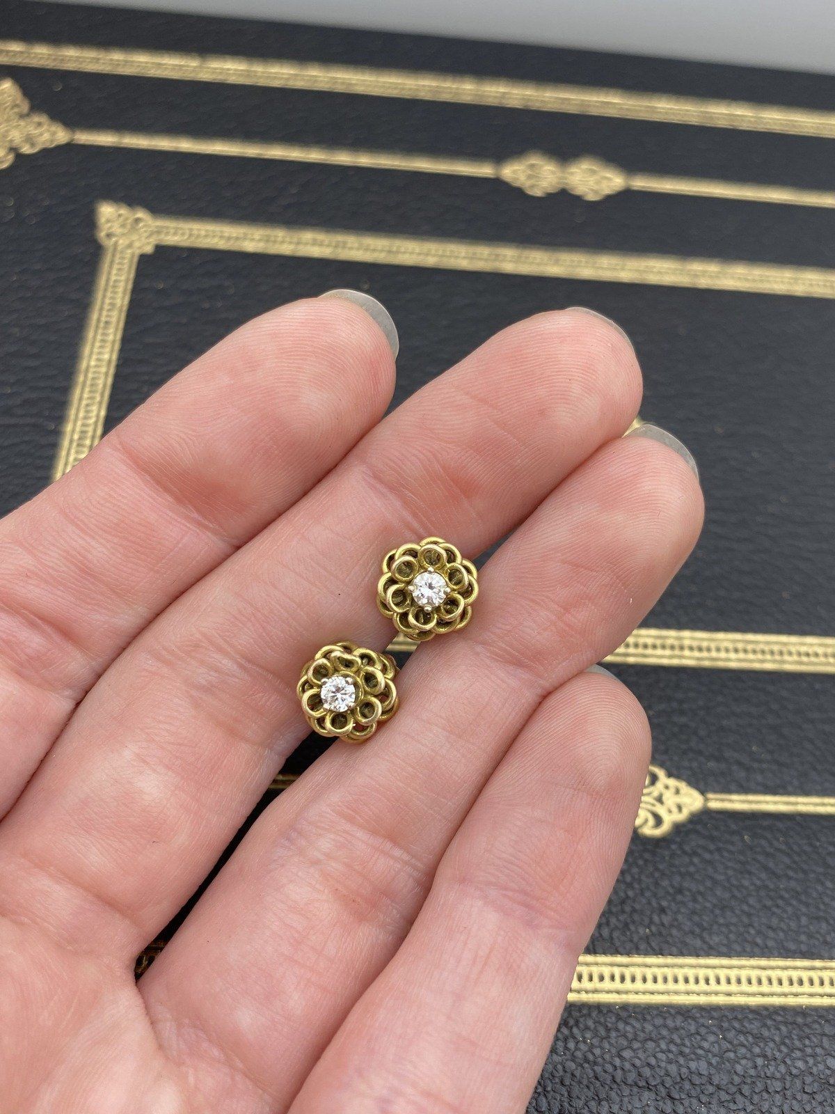 Antique 14k Gold Layered Wire Bloom .2ctw Diamond Stud Earrings 7