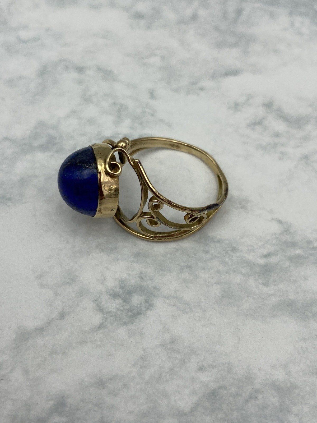 Vintage 14k Sculptural Lace Lapis Lazuli Polished Statement Ring 10