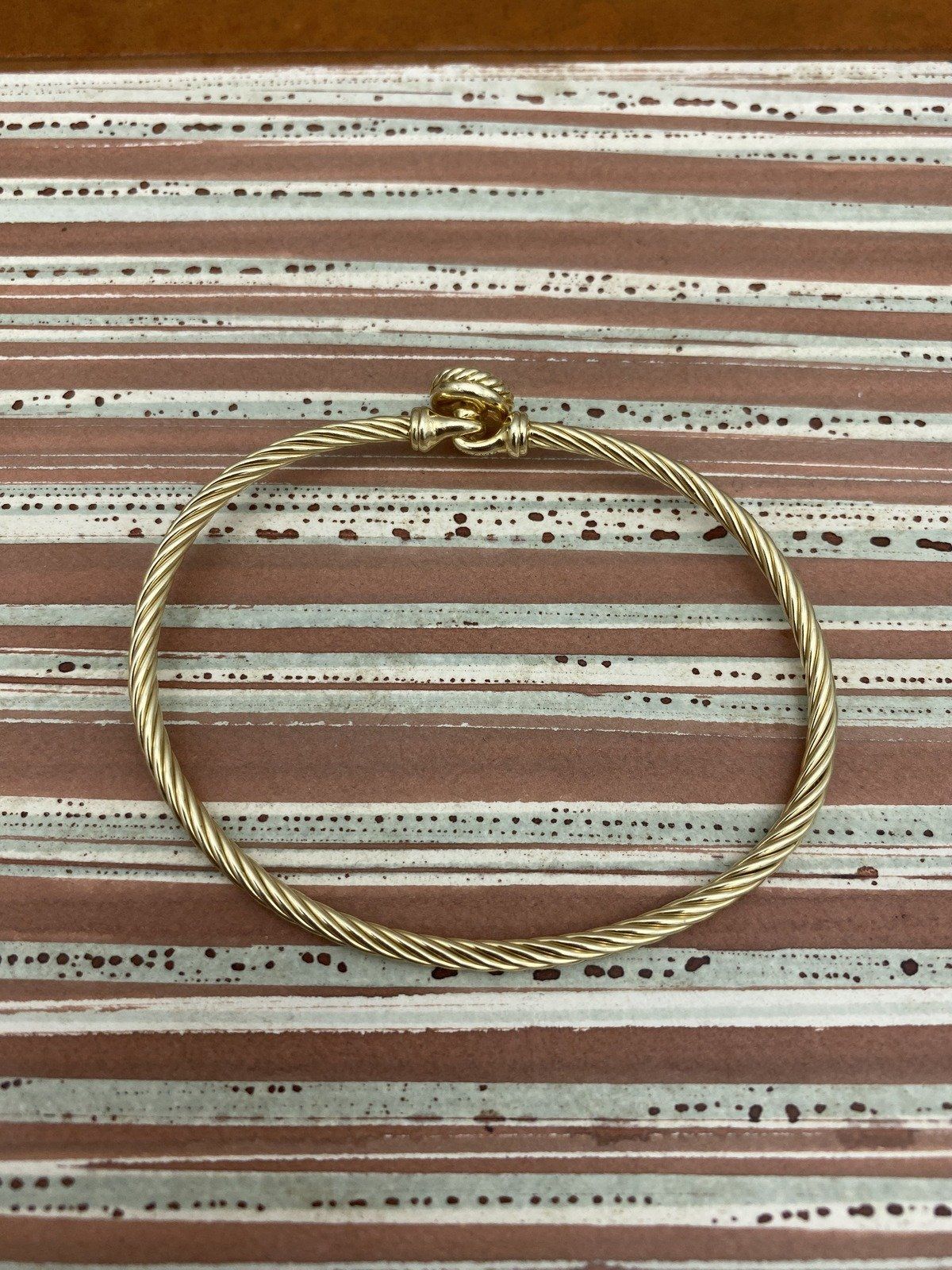 David Yurman 18k Solid Gold 3mm Cable Twist Bangle Bracelet w Pave Diamond Circlet Finial 6.5 5