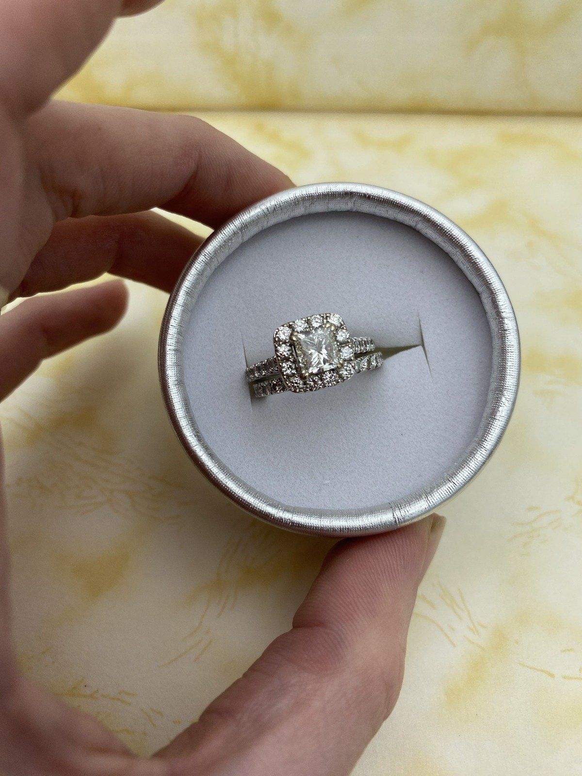 14k White Gold Neil Lane .88ct Princess Cut Diamond Engagement Ring w Sizeable Diamond Halo + Band w Retro Fitting Guard 6