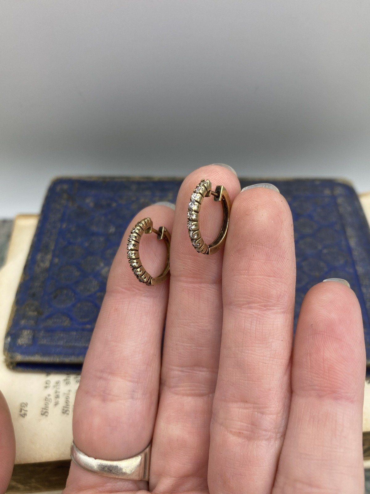 Antique German 9k Gold White Topaz Pave Sleeper Hoop Earrings 9