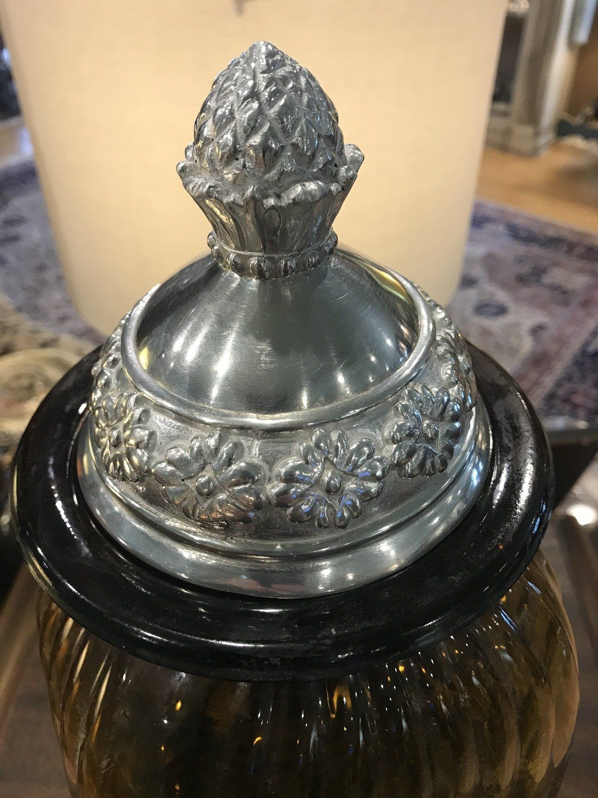 Green Glass Canister w Silver Plated Pinecone Lid 3