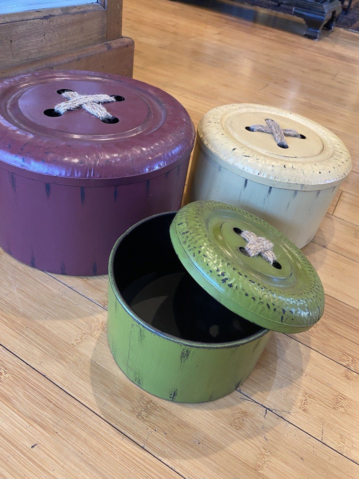Set of Three Nesting Button Shaped Storage Display Tins