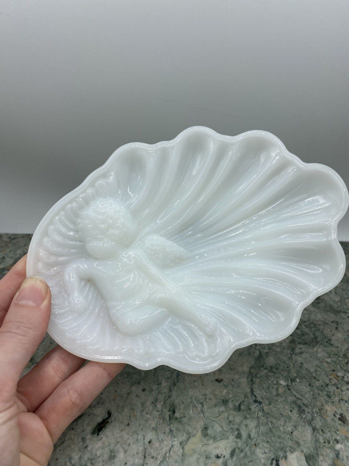 Avon Milk Glass Cherub + Shell Soap/Trinket Dish