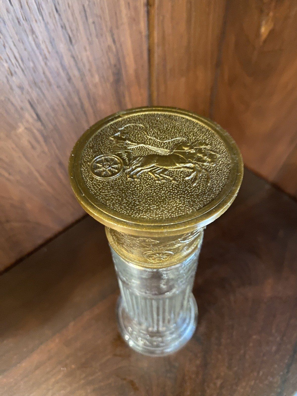 Vintage Corinthian Column Bottle w Figural Roman Motif Lid 3
