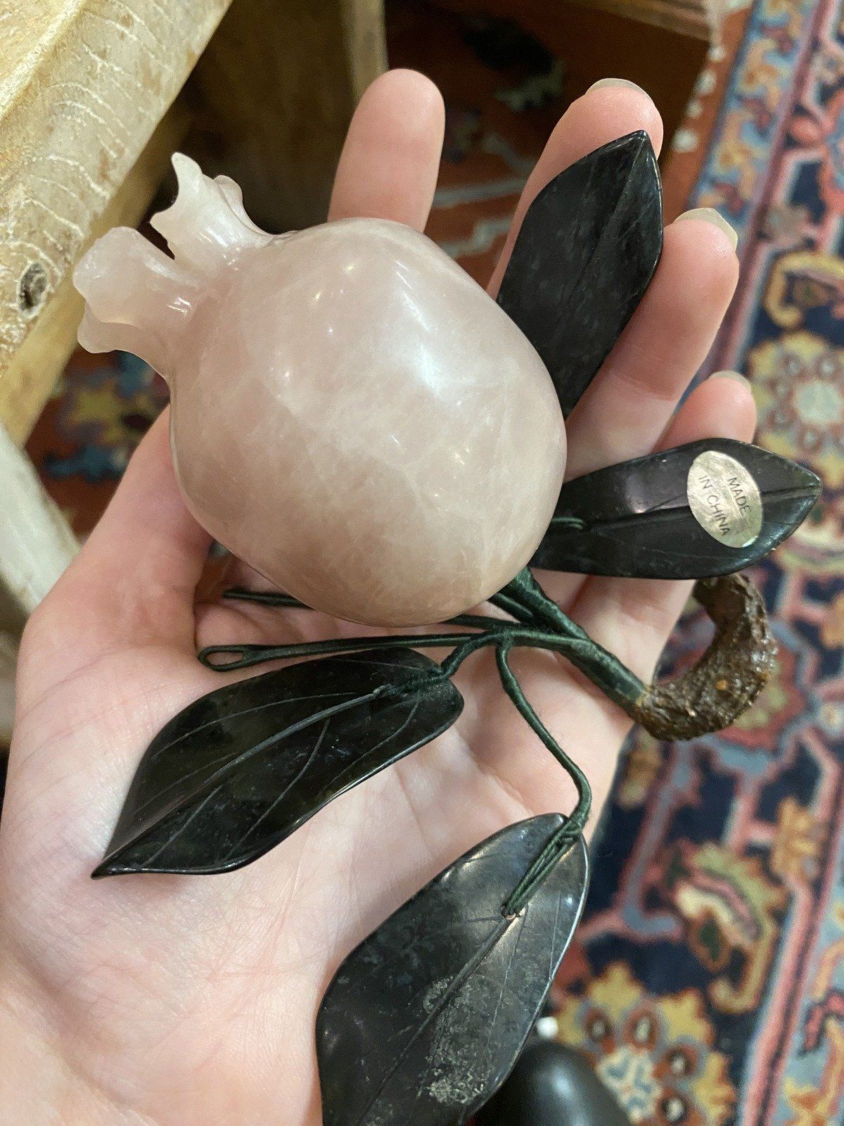 Rose Quartz Carved Pomegranate Fruit Stem Decor 2