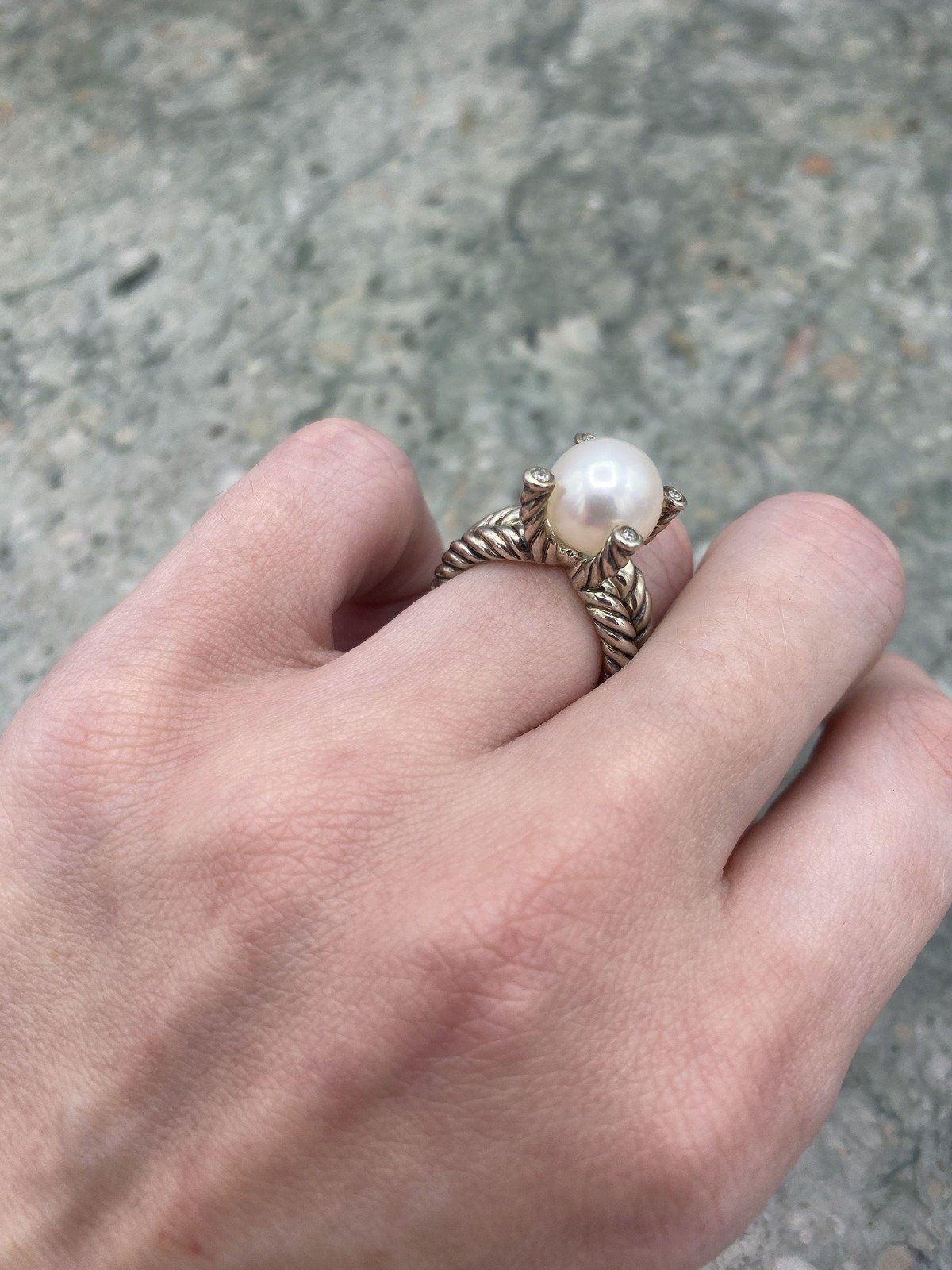 David Yurman Sterling Silver Rope Twist + Pearl + Diamond Prong Solitaire Ring 6