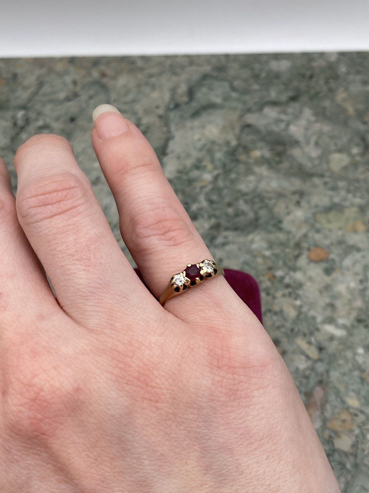 Very Old + Very Small Antique 18k Gold Ruby + Diamond Pinky Promise Ring 9