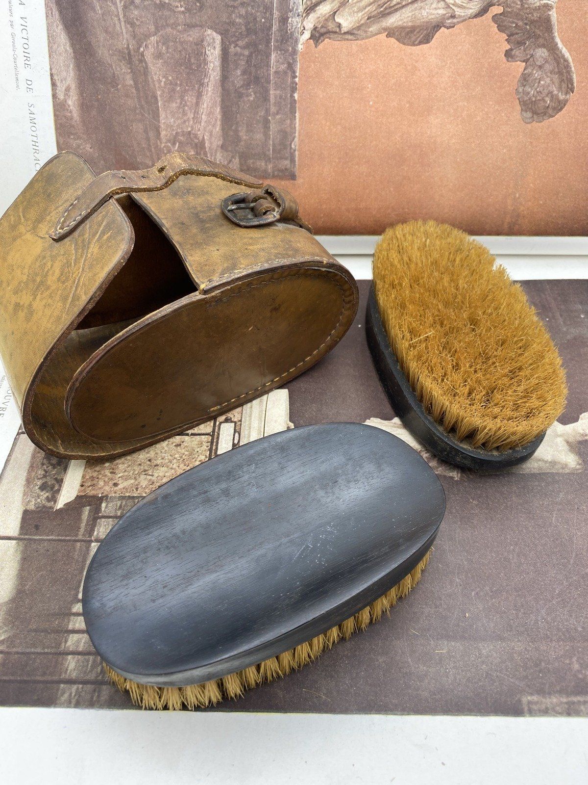 Antique Ebony Clothing Brushes in Leather Carrying Pouch 2