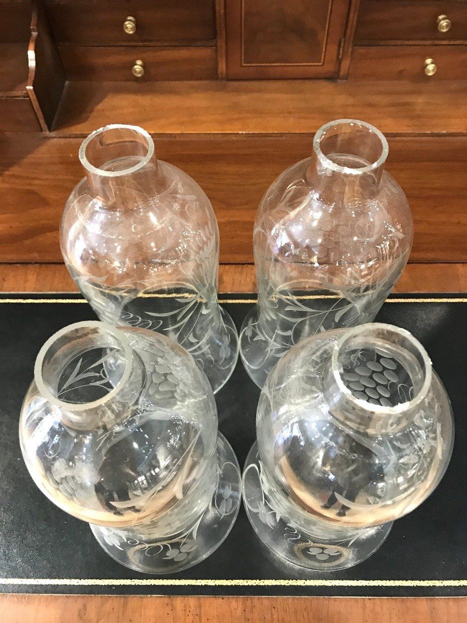 Set of 4 19th C. Crystal Etched Chandelier Globes 4