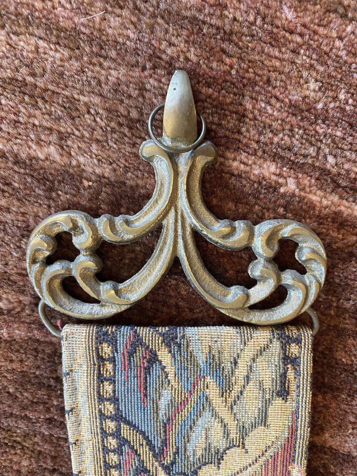 Old Vintage Tapestry + Brass Acanthus Bell Pull 5