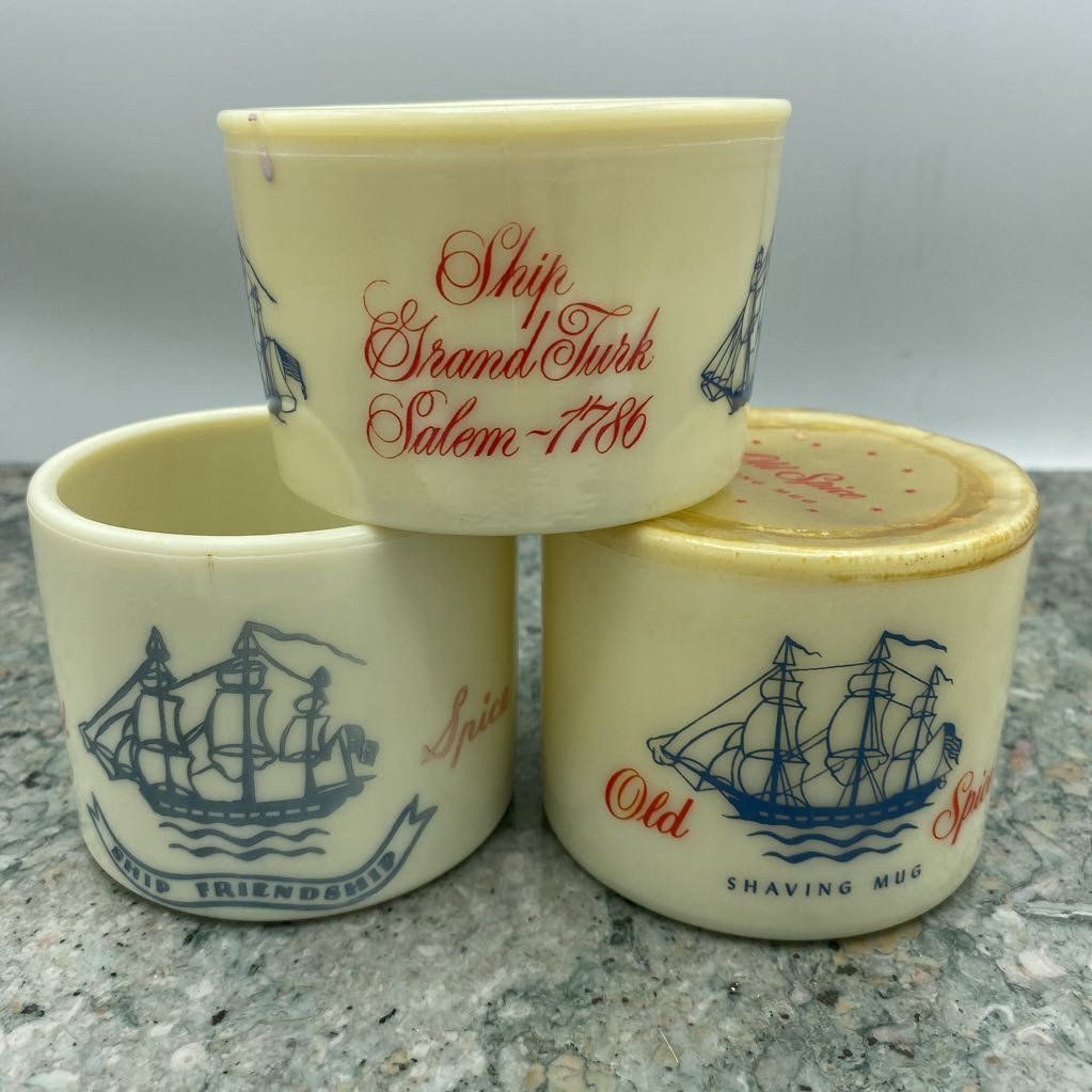 Vintage c.1930s/40s Old Spice Ship Friendship Milk Glass Shaving Mugs 2