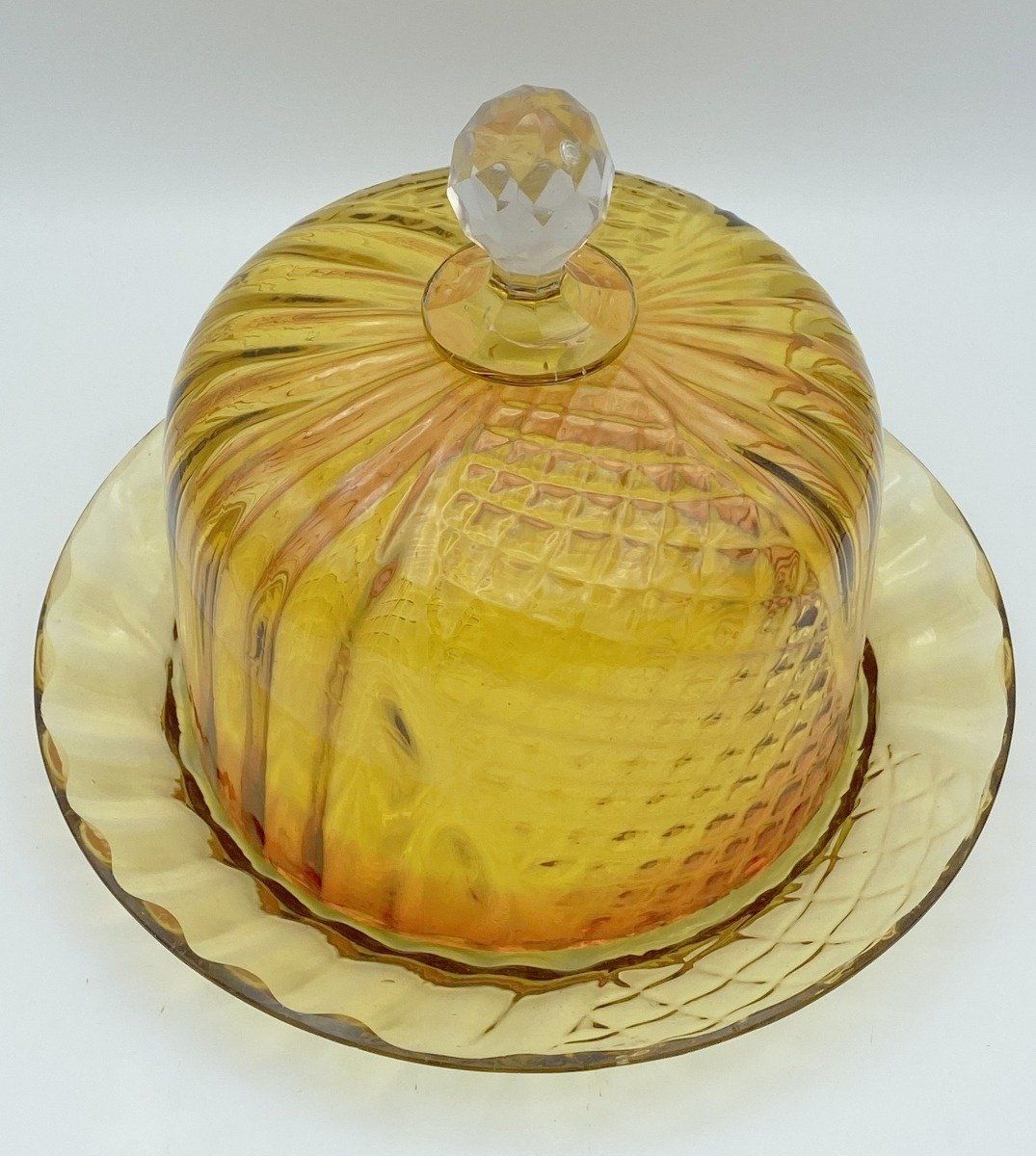 1960s Hand Blown Amberina Diamond Quilt Cheese Dish Blood Orange 2