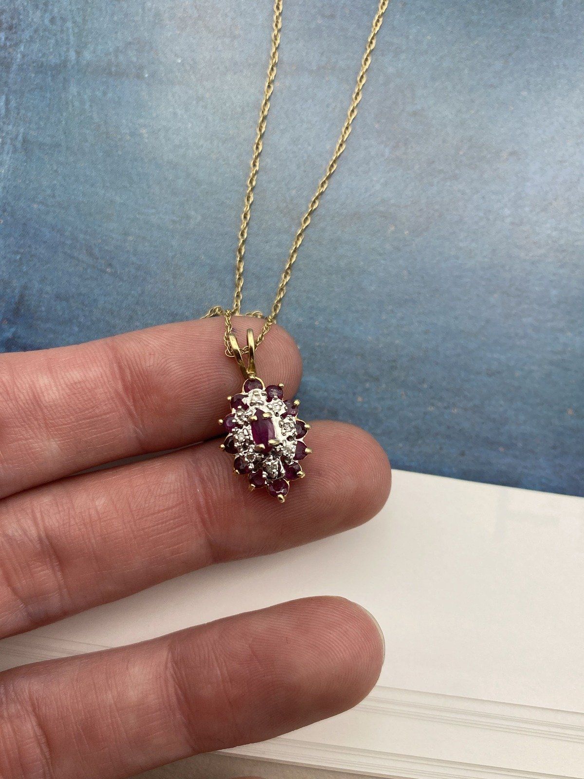 14k Gold Marquise Cluster Ruby + Diamond Drop Necklace 18L 6