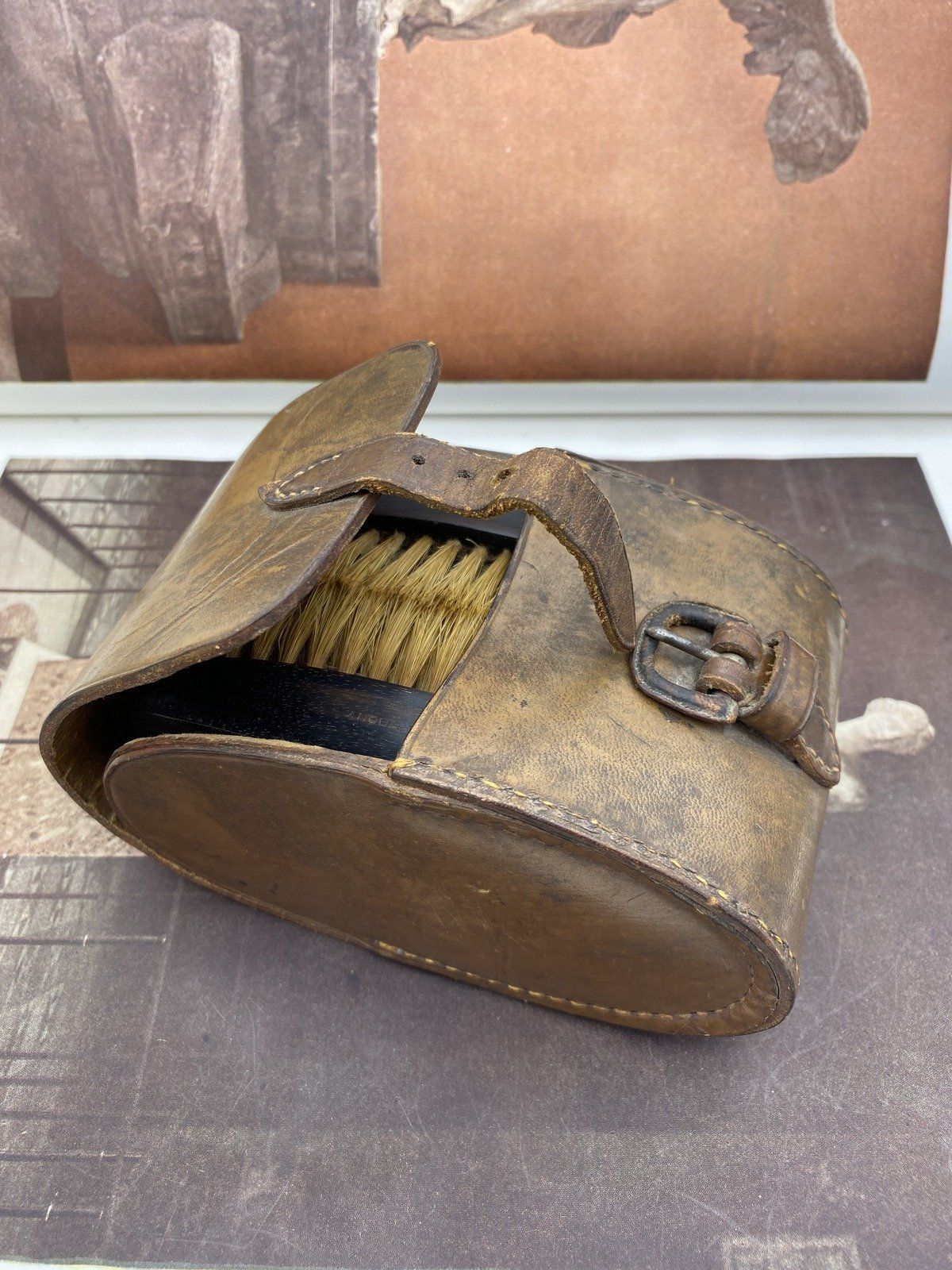 Antique Ebony Clothing Brushes in Leather Carrying Pouch