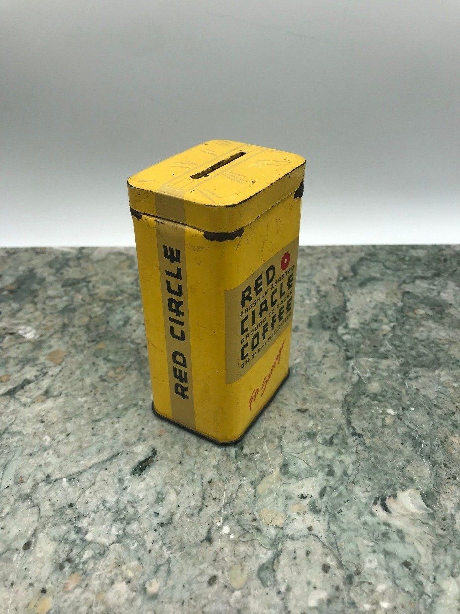 Vintage Red Circle Coffee Tin Money Bank 2