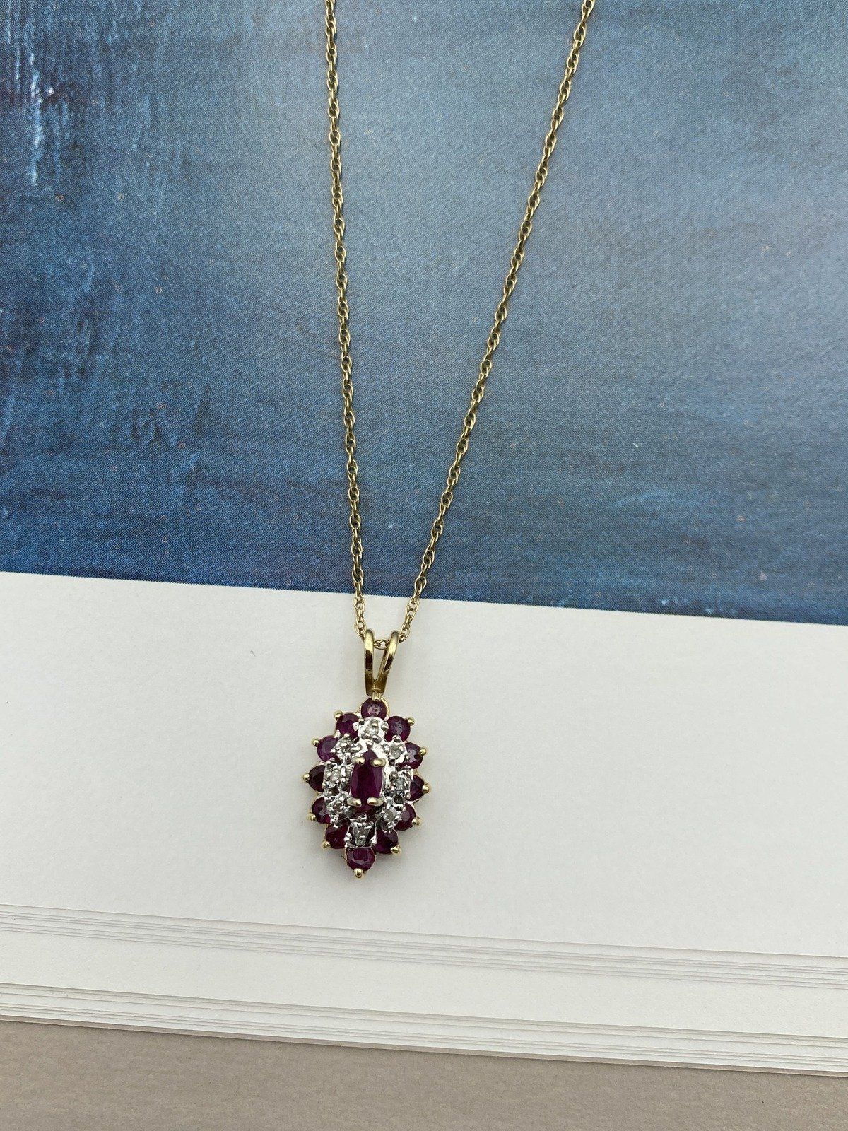 14k Gold Marquise Cluster Ruby + Diamond Drop Necklace 18L 3