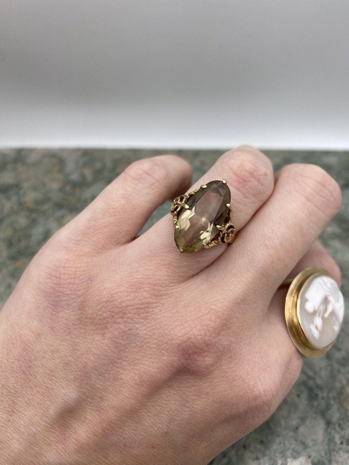 Vintage 10k Gold Elongated Natural Citrine Rose Shouldered Ring #2705 5