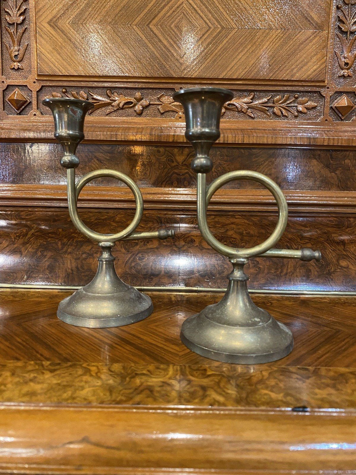 Brass Pair of Trumpet Candle Stick Holders 3