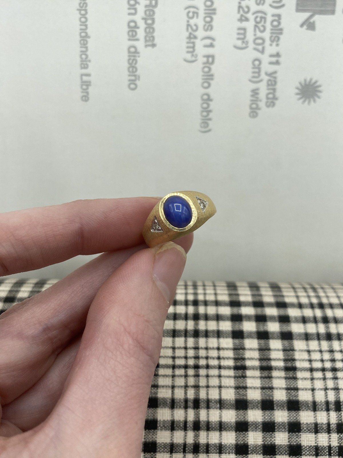 Vintage 14k Brushed Gold Star Blue Sapphire Signet Ring + Diamond Accents 3