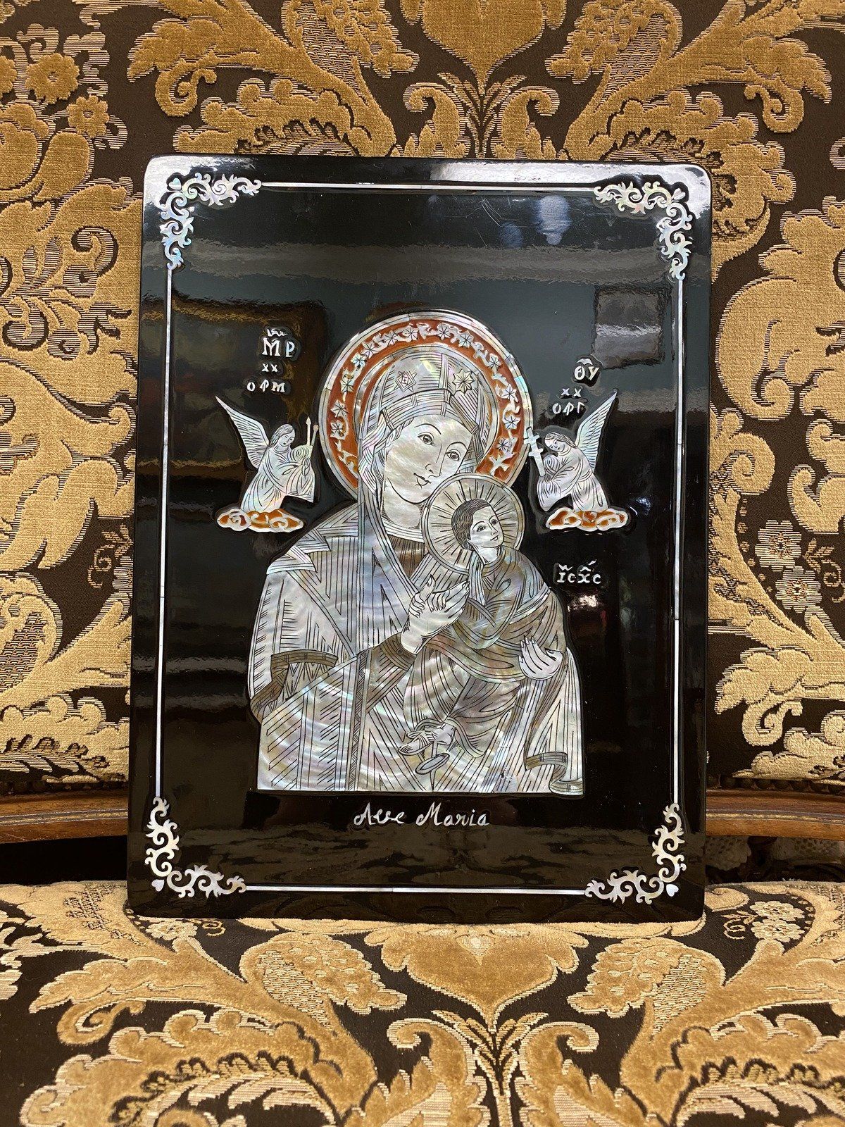 Religious Mother of Pearl Virgin Mary Lacquered Wood Wall Panel Art