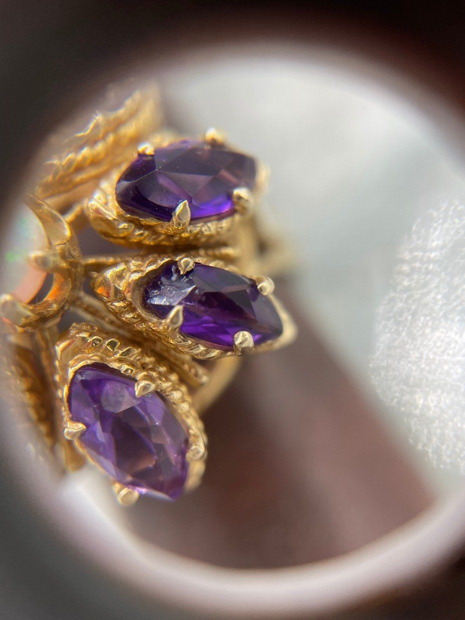 Antique Marquise Cut Deep Purple Amethyst + Opal Cluster Ring 9