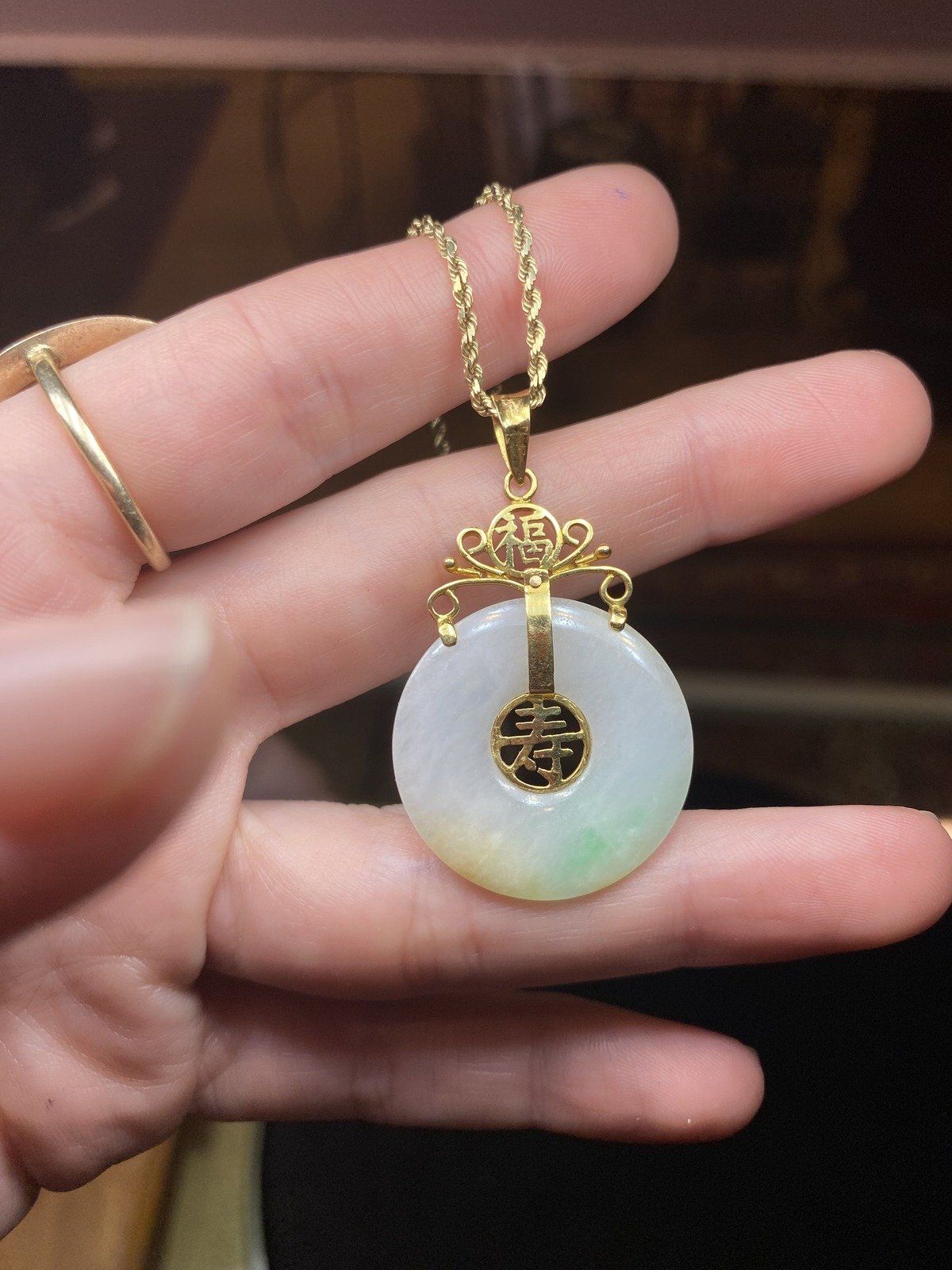 Vintage 14k Gold Chinese Jade Prosperity Disc Necklace w Lovely Bail 18L 3
