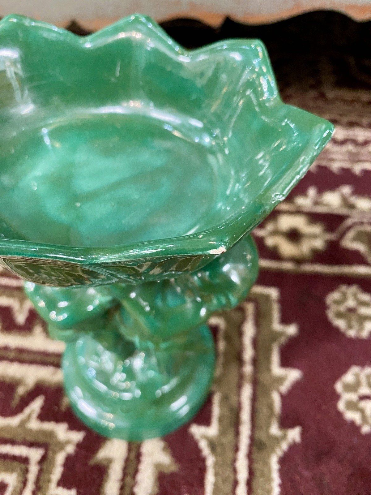 Vintage Signed VERNA GALLOWAY Twin Cherub Lotus Green Ceramic Pedestal Dish 8