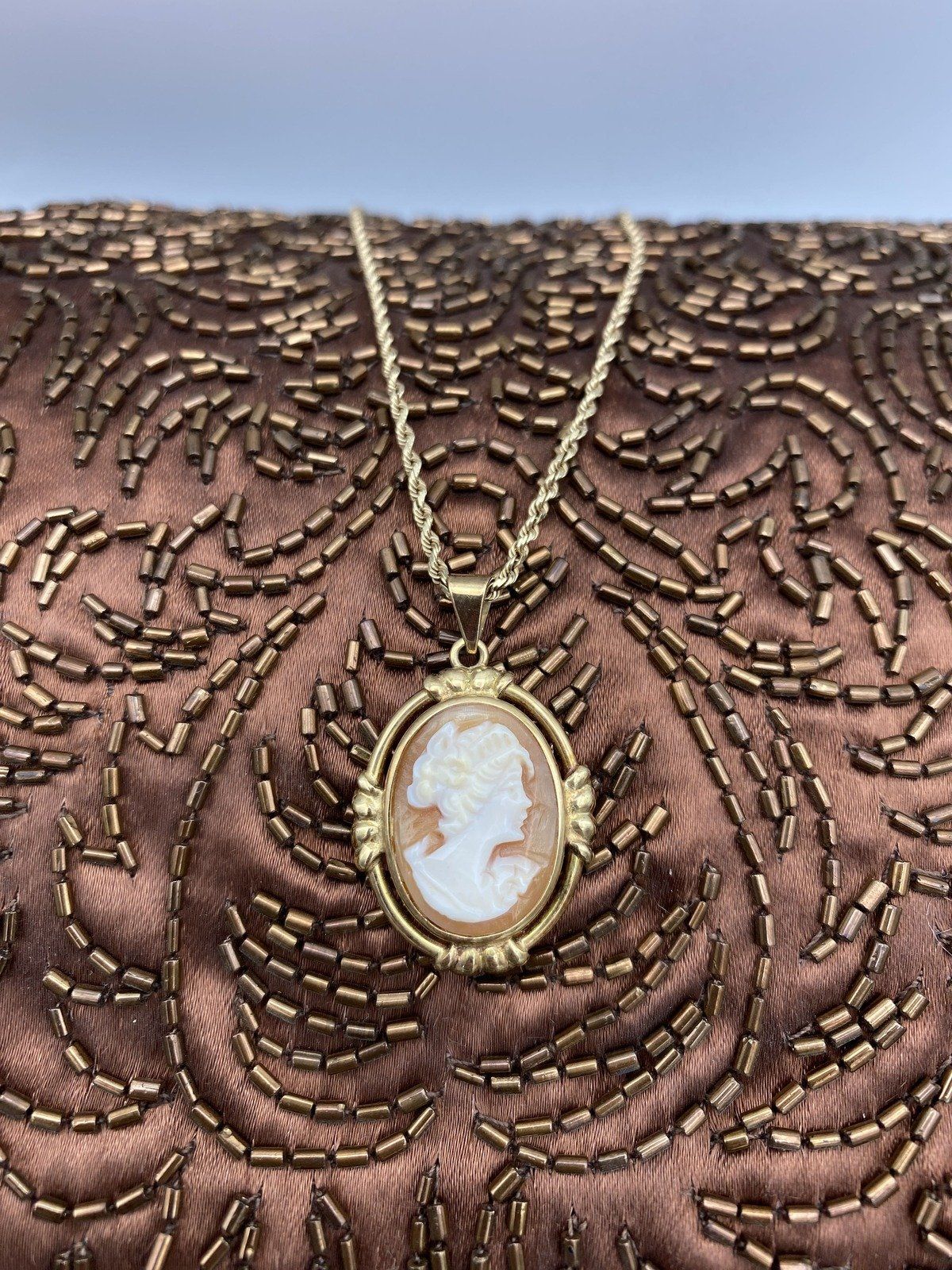 Vintage 14k Gold Shell Carved Cameo Necklace w Art Deco Bezel 16L 6
