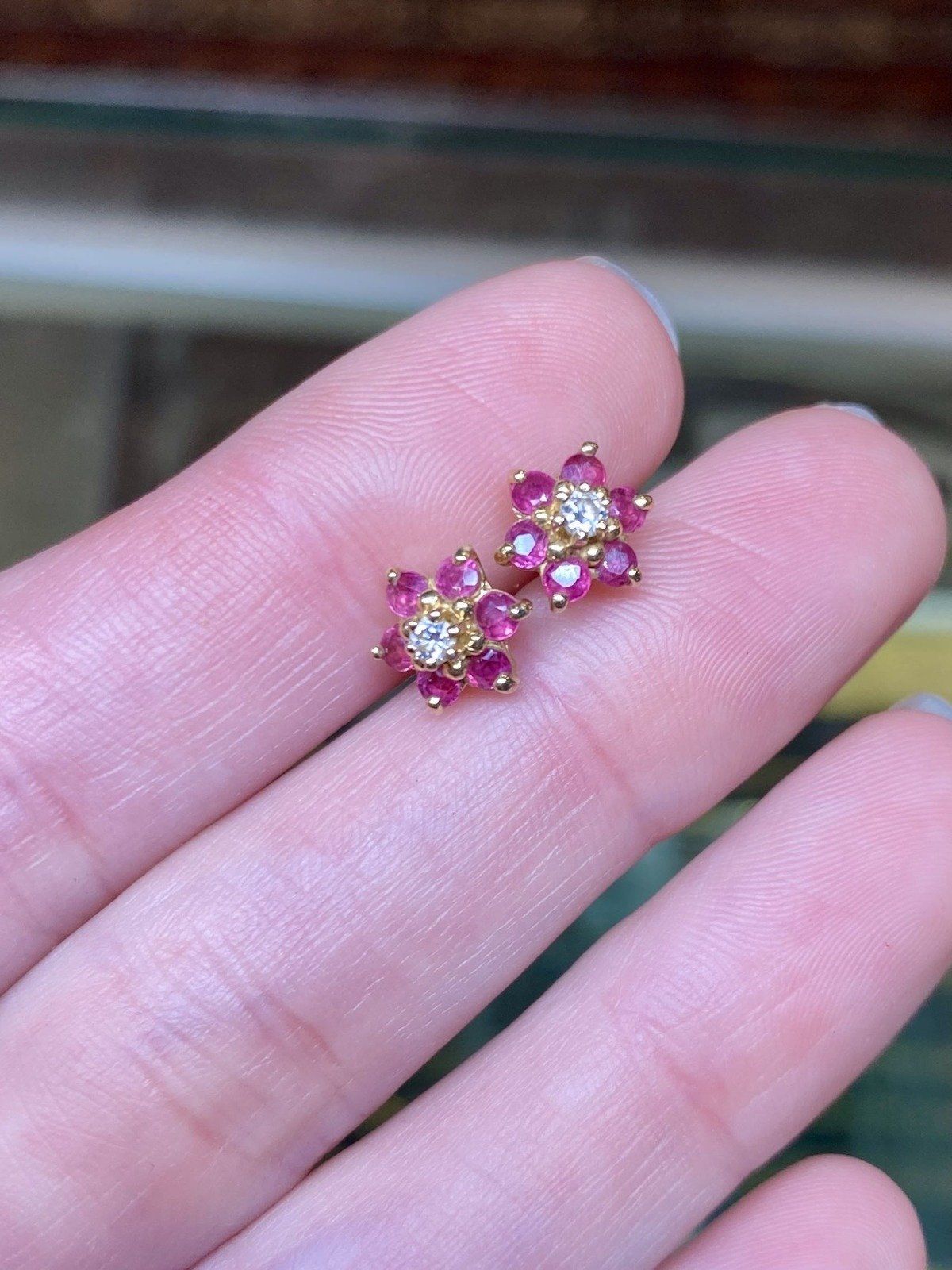 14k Gold Ruby + Diamond Floral Cluster Stud Earrings 2