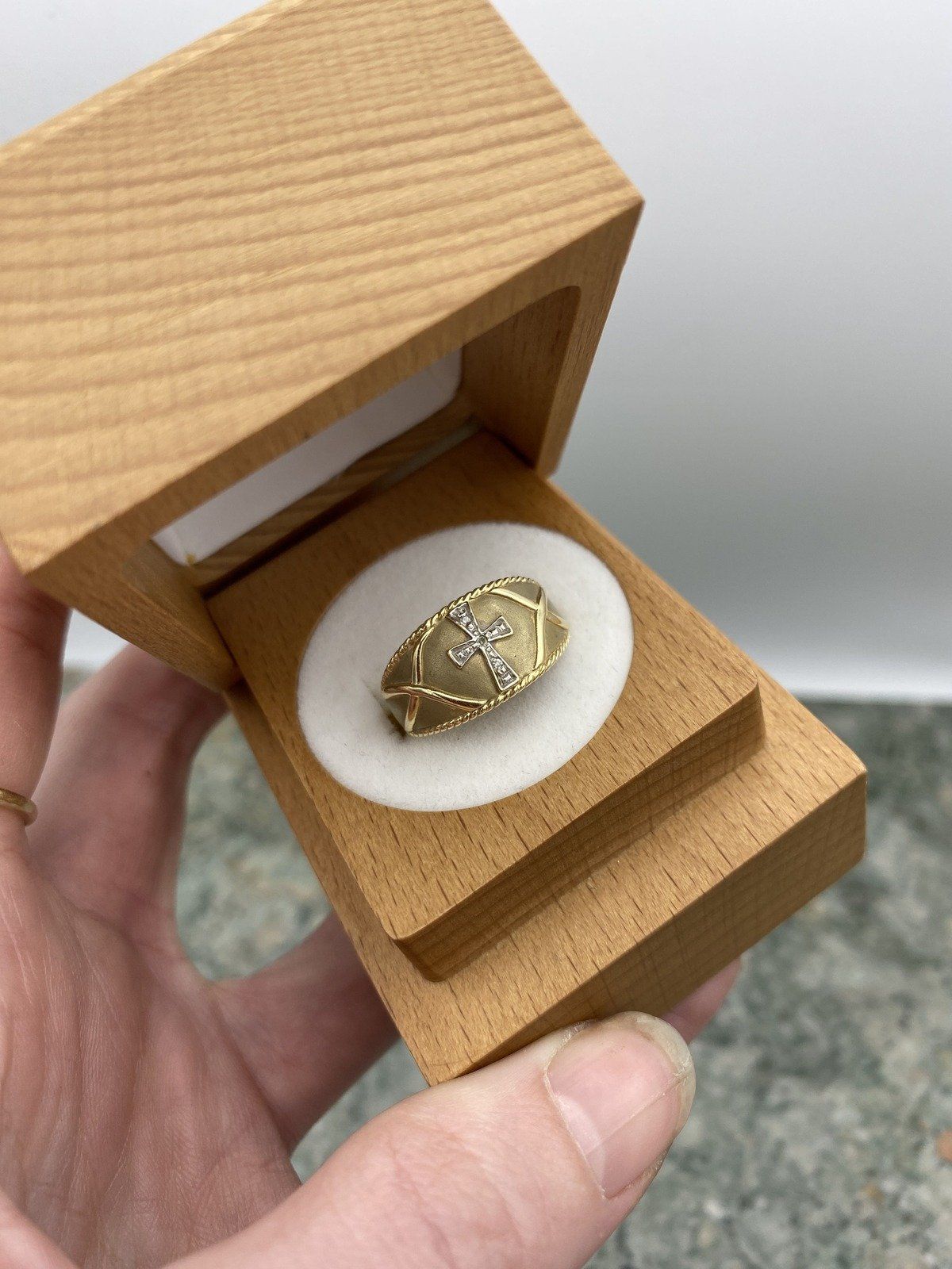 14k Brushed Gold Bombe Cuff Ring w Diamond Cross Center + Wire Cable Framing and Details 2