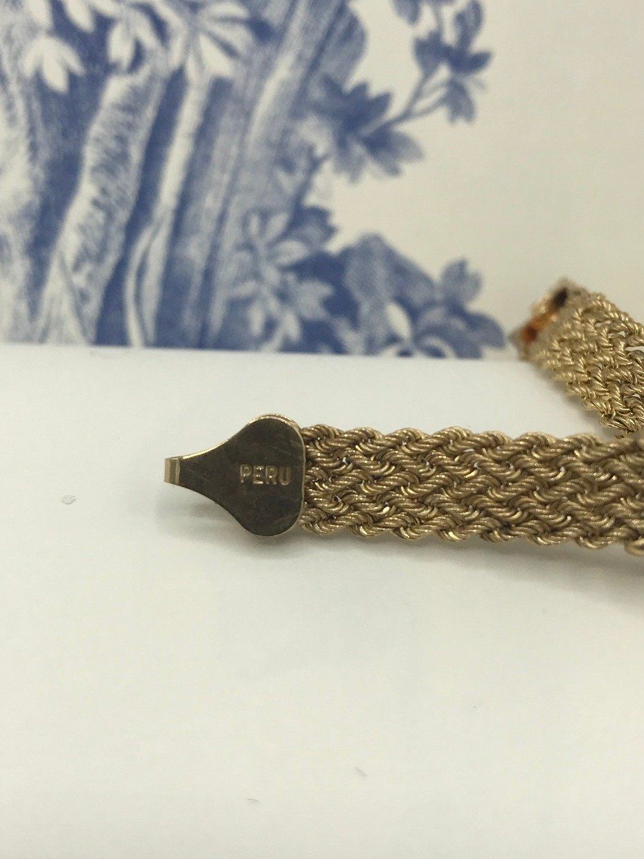 10k Peruvian Gold Mesh Woven Crescent Framed Finial Bracelet 5