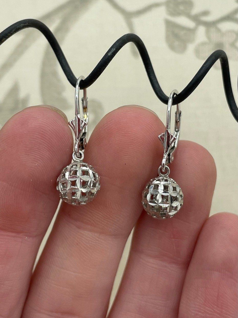 14k White Gold Flower of Life Sphere French Clip Drop Earrings 3