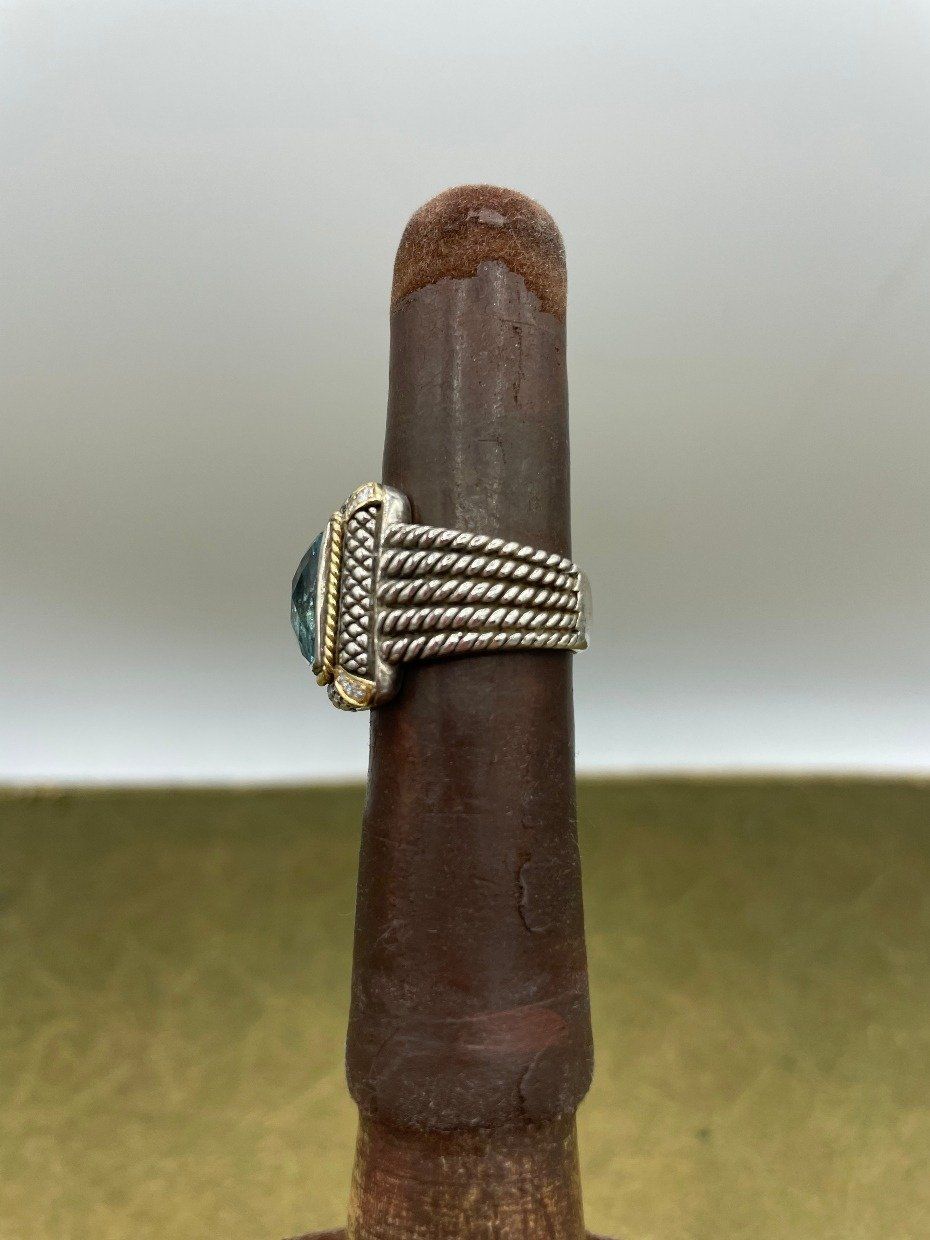 Lg Yurman *Style* Designer Sterling Silver + 18k Blue Topaz Ring w Diamond Accents 4
