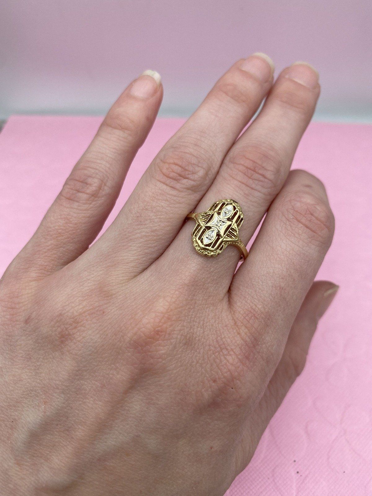 Antique 10k Gold Dainty Filigree Navette Ring White Gold Center + Melee Diamond #2200 5