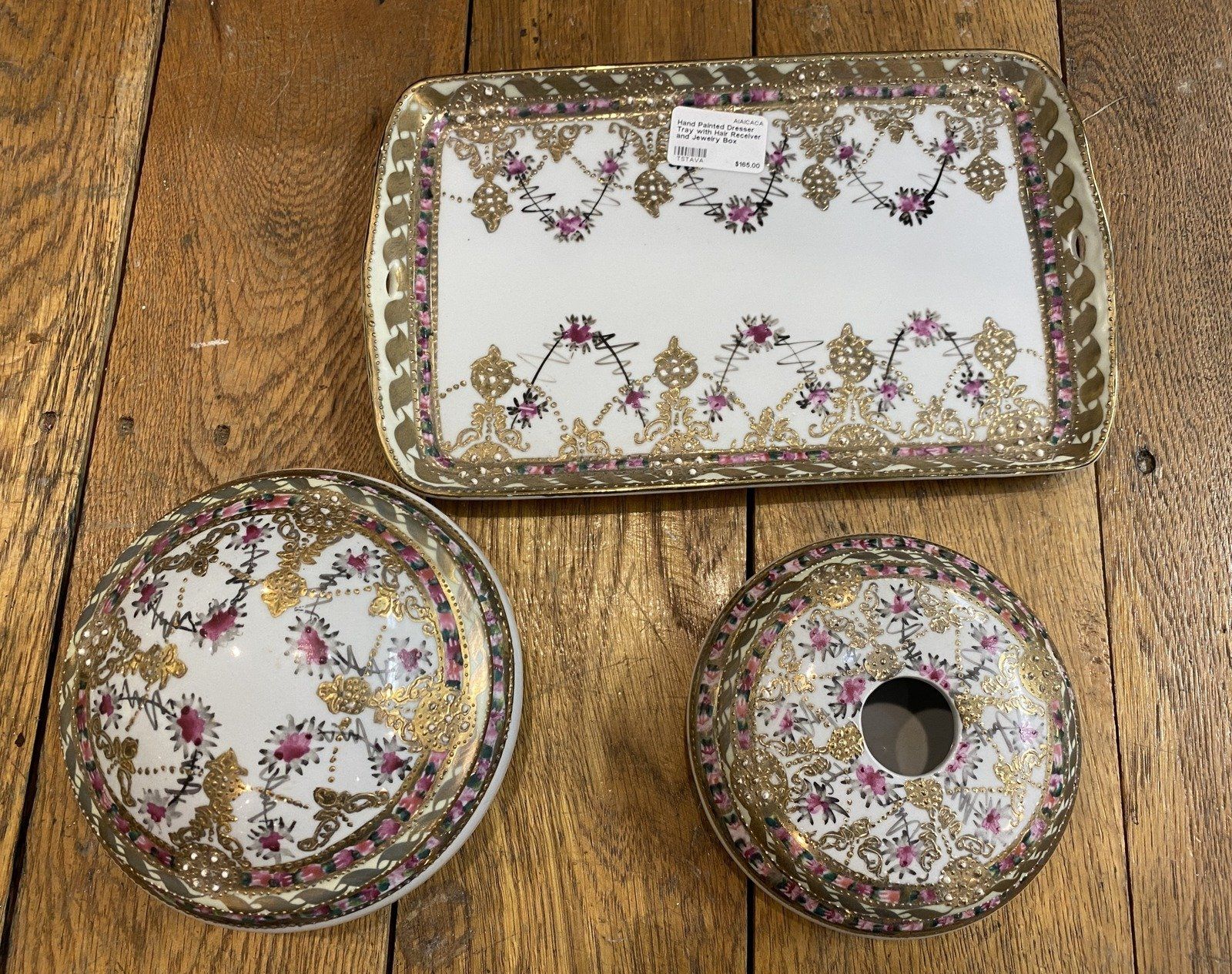 Hand Painted Dresser Tray with Hair Receiver and Jewelry Box