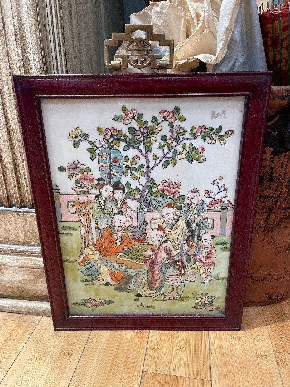 Framed Chinese Porcelain Plaque Featuring Figures Playing Board Games