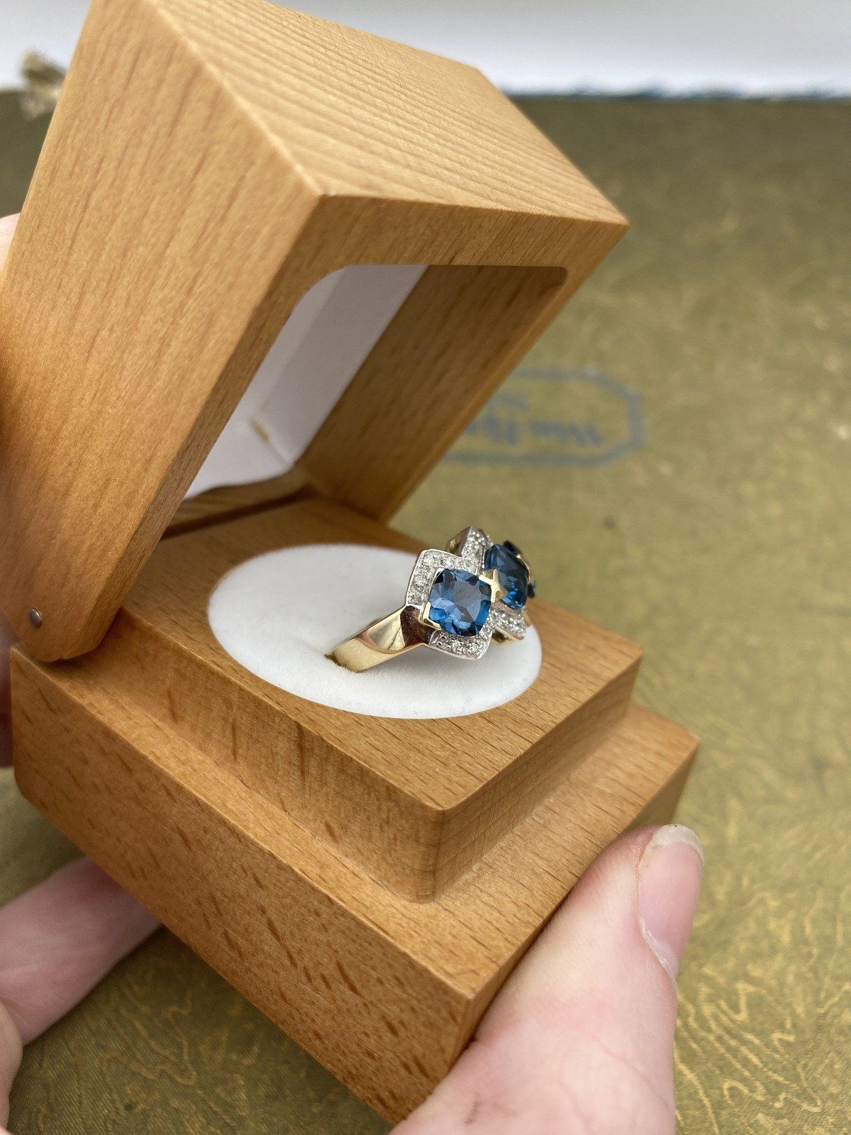 14k Gold Blue Tourmaline + Diamond Cushion Trio Ring 4