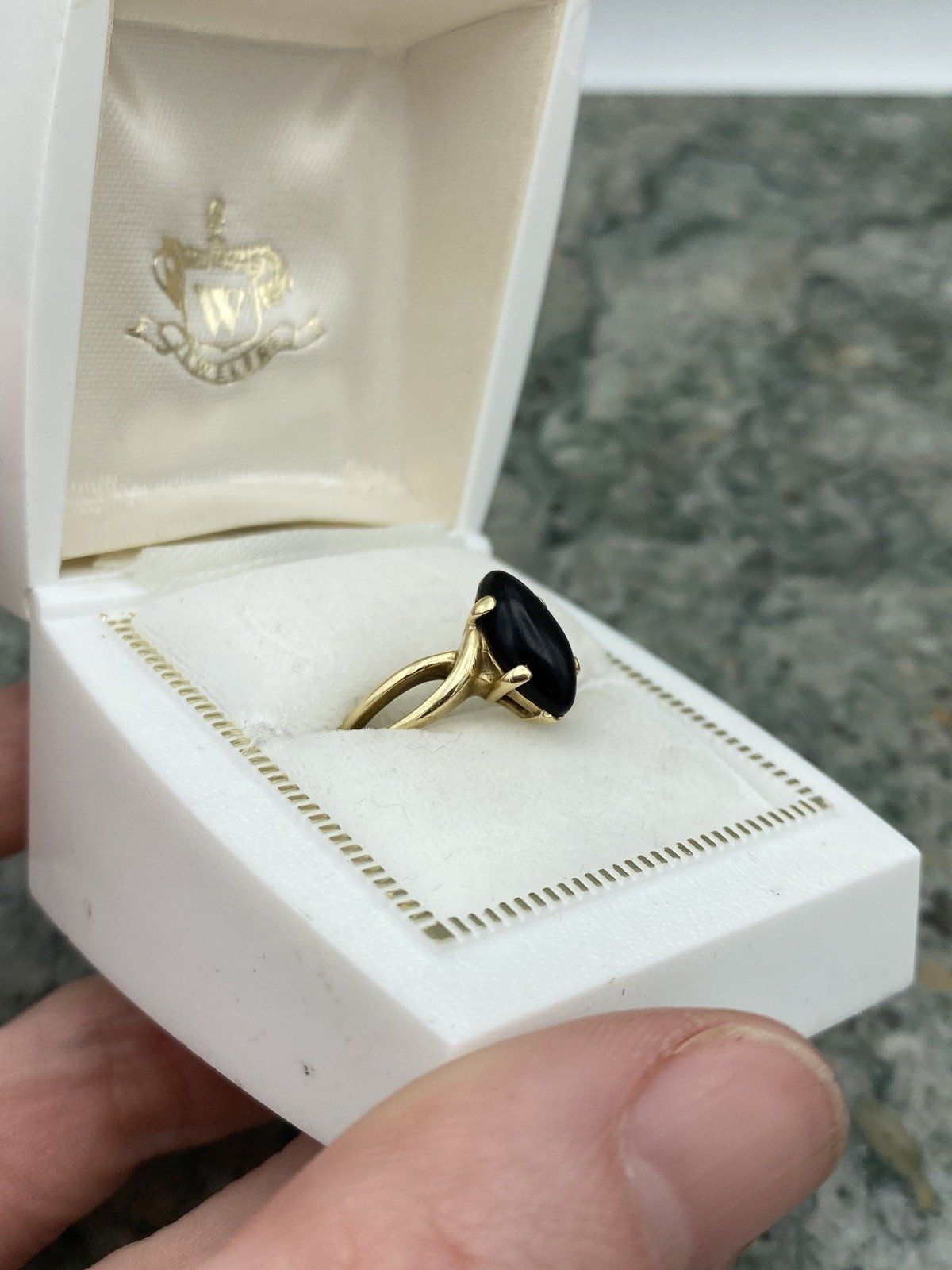 14k Gold Marquise Polished Black Onyx Navette Ring w Flared Shoulder 5