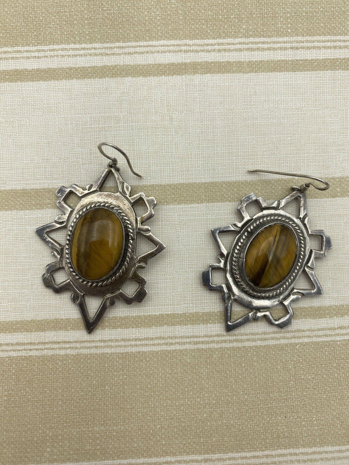 Cool Sterling Silver Mexico Vintage Tiger's Eye Statement Earrings 2