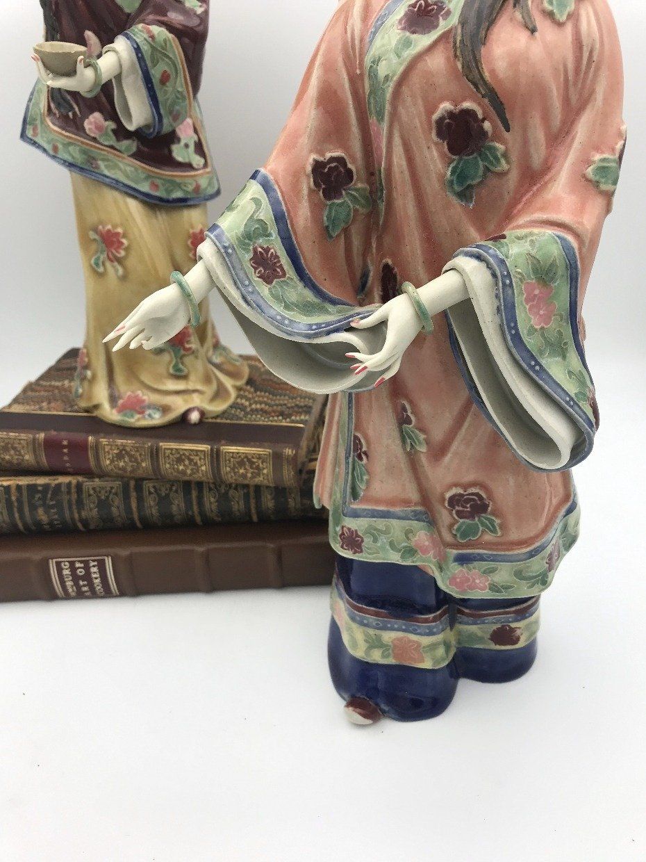 Ornate Pair of Shiwan Porcelain Chinese Tea Ritual Lady Figurines 5