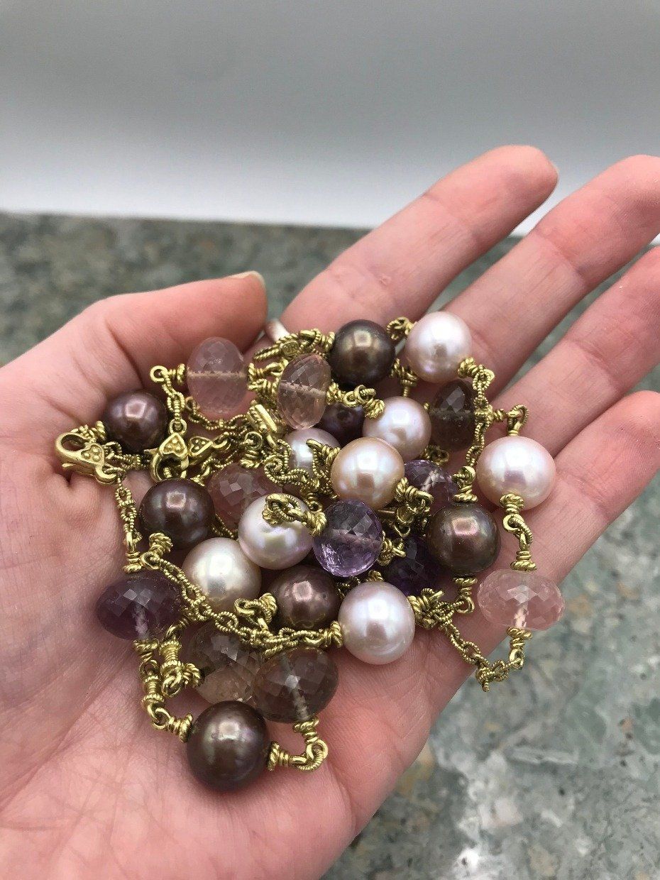 Designer Vintage 18k Gold Judith Ripka Diamond + Rose Qtz + Pearl 4pc Parure *SET* 12