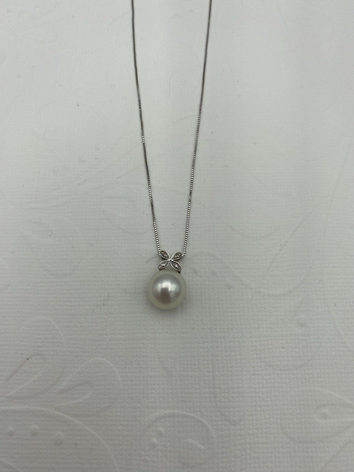 Vintage 14k White Gold Diamond Bail Cultured Pearl 18L Drop Necklace #2212 3