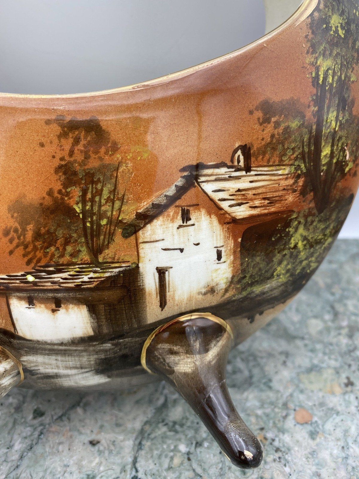 Circular Hand Painted Portuguese Porcelain Landscape Footed Vase - Signed 2