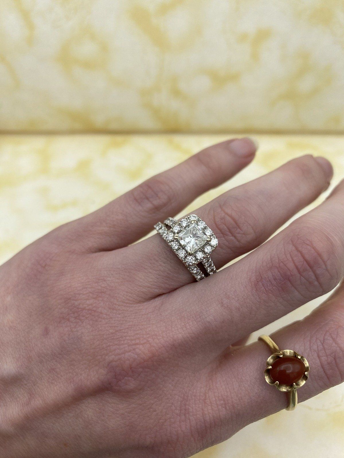 14k White Gold Neil Lane .88ct Princess Cut Diamond Engagement Ring w Sizeable Diamond Halo + Band w Retro Fitting Guard 8