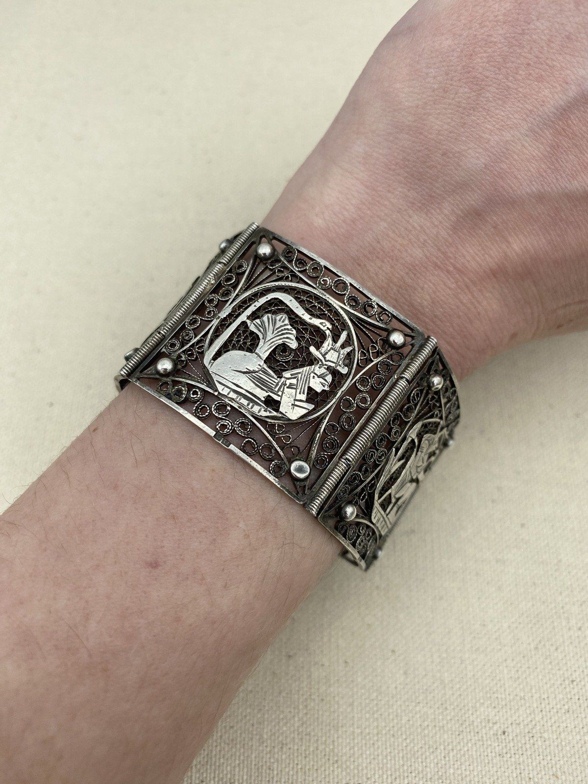 Antique c.1920s Sterling Silver Egyptian Revival Hieroglyphic Filigree Cuff Bracelet 7L 8